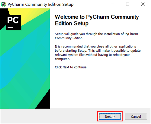 PyCharm start the installation interface